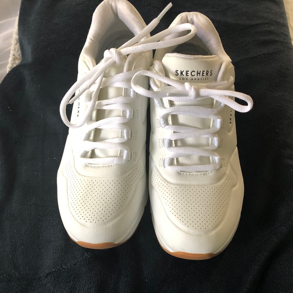 Skechers White Lace-Up Chunky Sneakers with Gum Sole Accents